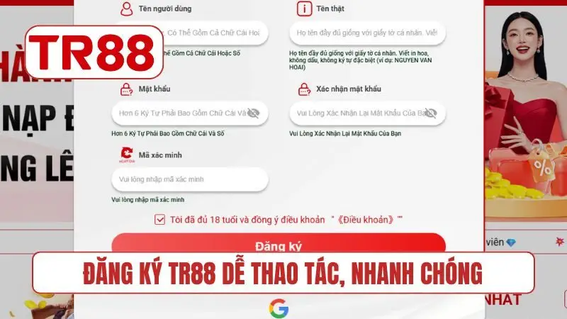 Đăng ký TR88 dễ thao tác, nhanh chóng
